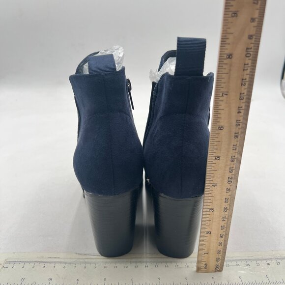 Navy Suede Block Heel Ankle Boots Closed Toe Side Zipper Short Bootie Shoes - Picture 4 of 7